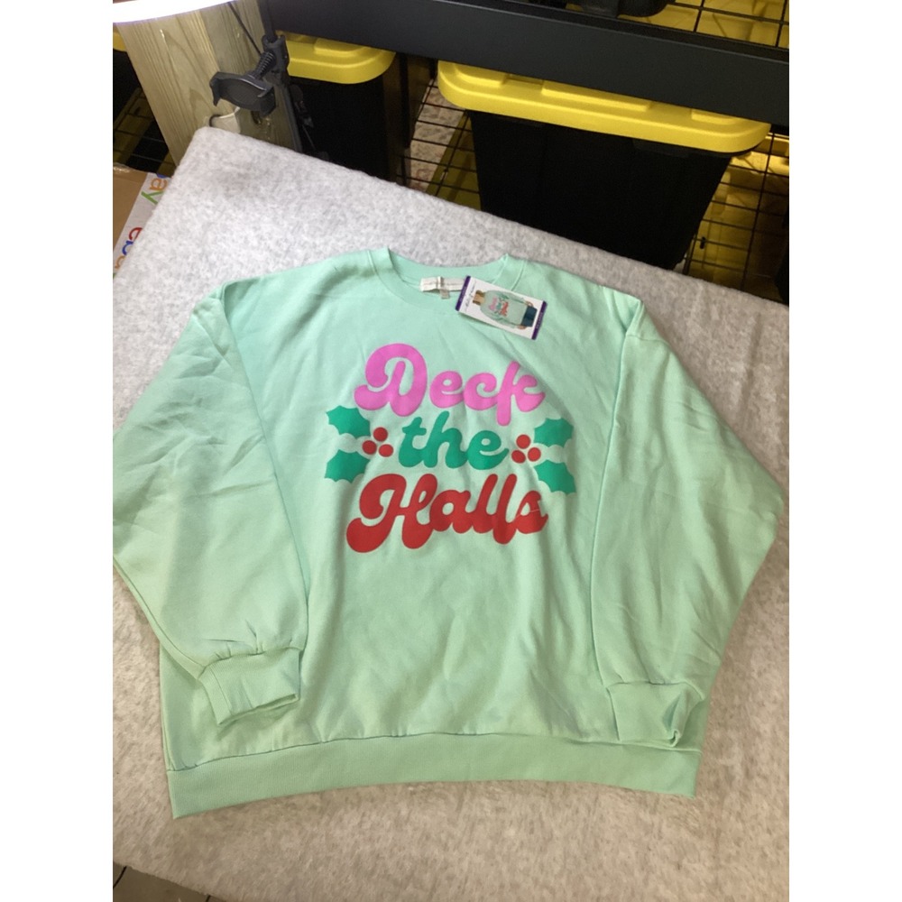 State of Mine Mint Green Deck the Halls Holiday Graphic Sweatshirt XXL NEW‎